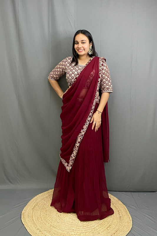 Exquisite Chinon Silk Ready to Wear Saree with Full Zari Work Blouse