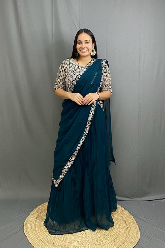 Exquisite Chinon Silk Ready to Wear Saree with Full Zari Work Blouse