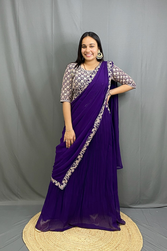 Exquisite Chinon Silk Ready to Wear Saree with Full Zari Work Blouse