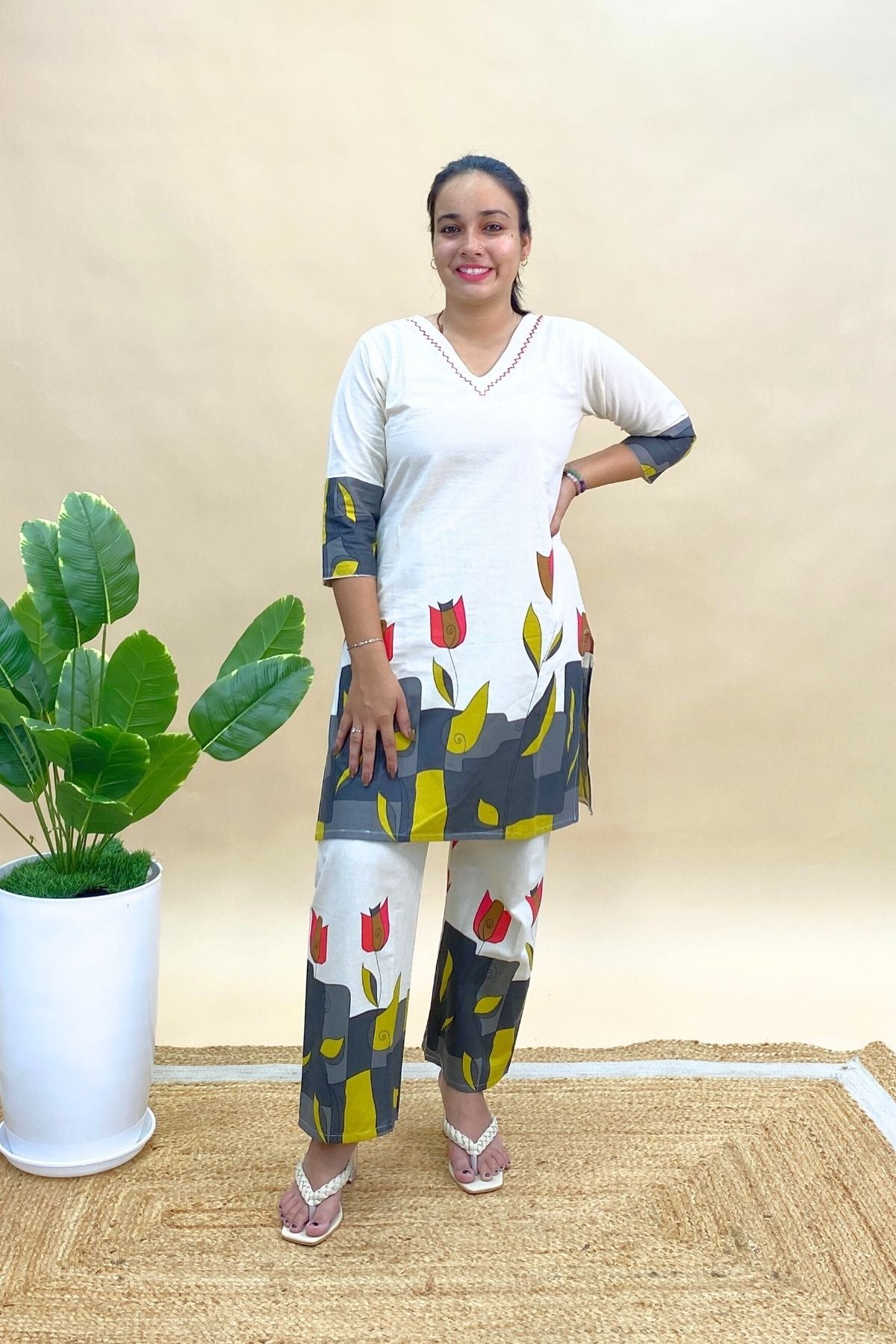 Khadi Cotton Short Co-ord Set with Printed V-Neck Top & Semi-Plazo Pants