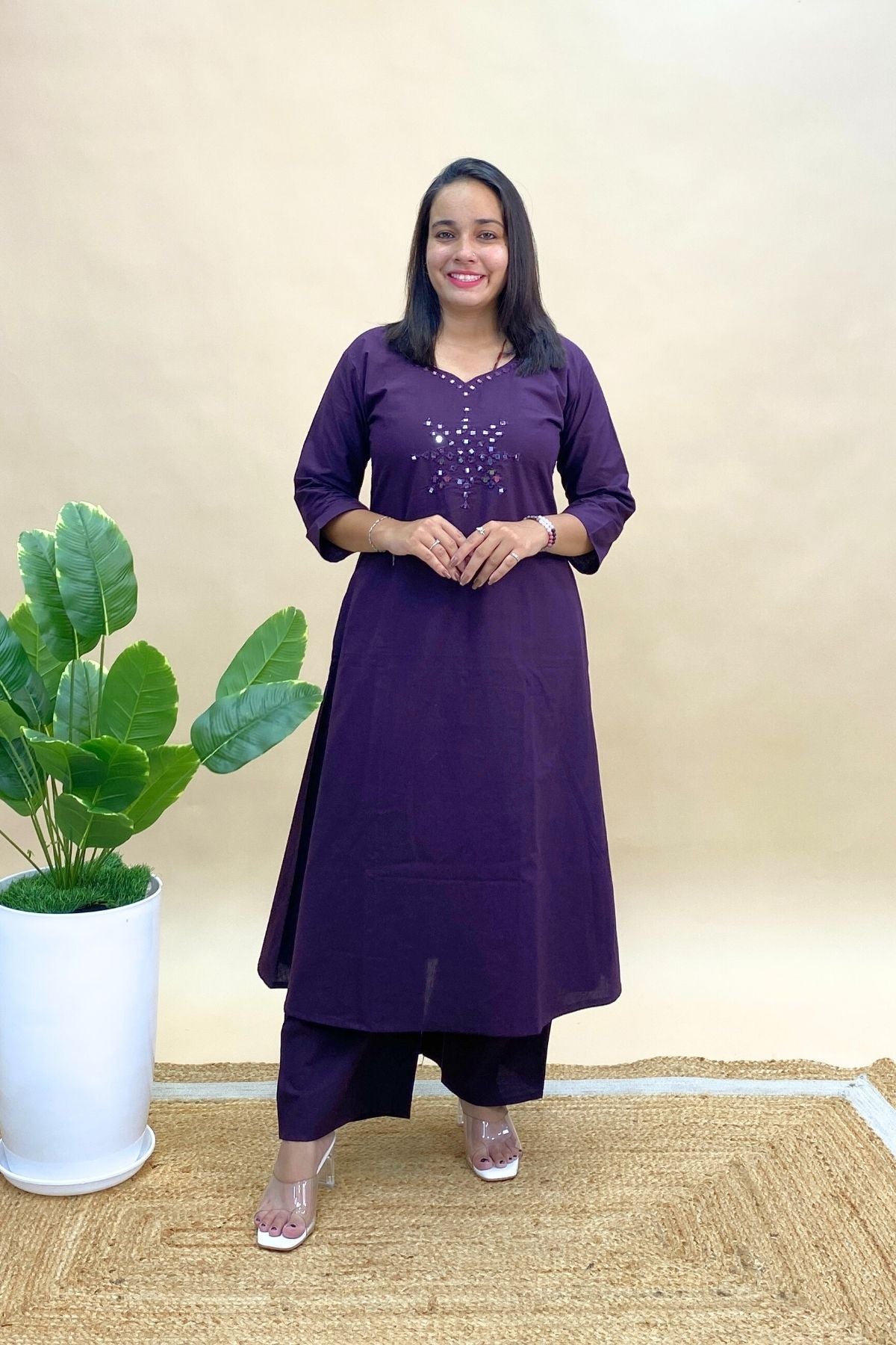 Cotton Co-ord Set with Mirror Work, Long Round Kurti & Palazzo Pants with One Side Pocket