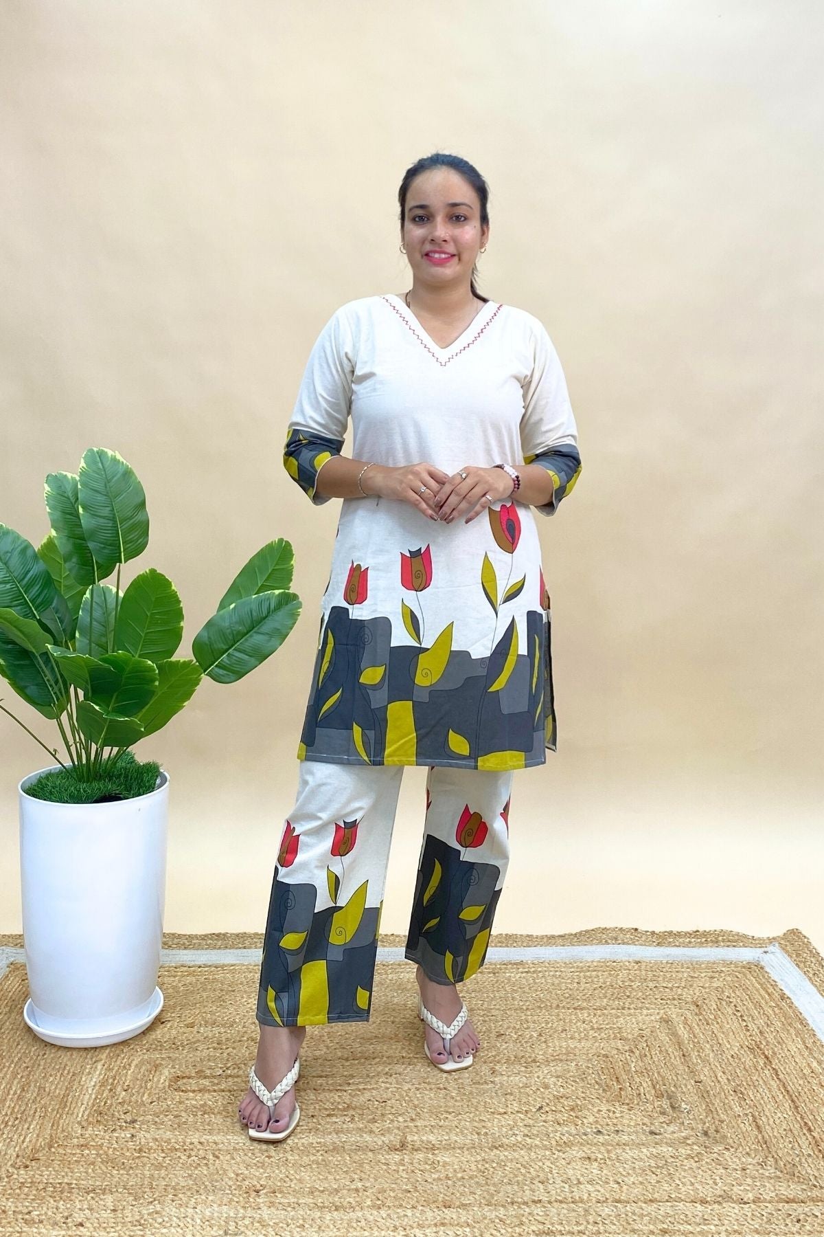 Khadi Cotton Short Co-ord Set with Printed V-Neck Top & Semi-Plazo Pants