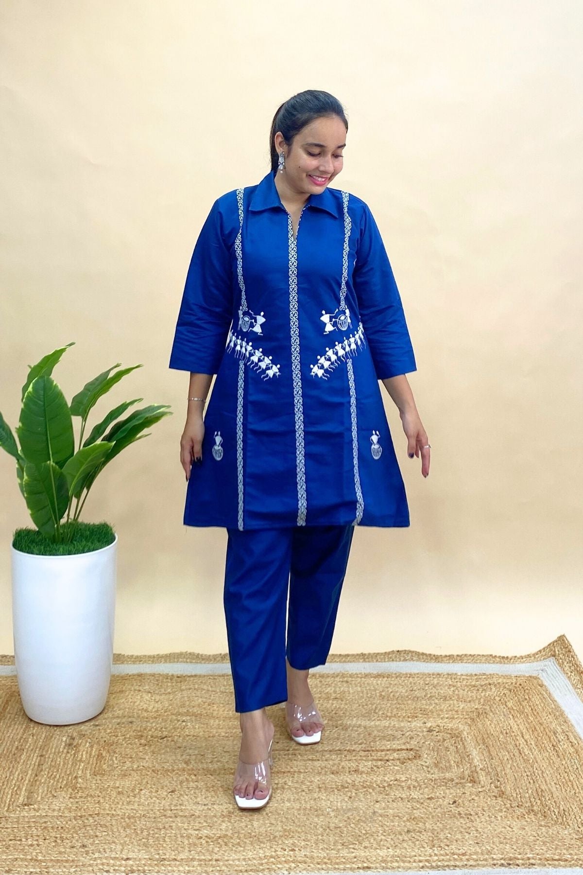 Premium Silk Embroidered Co-ord Set with Worli-Inspired Design, Kurti & Pant Set