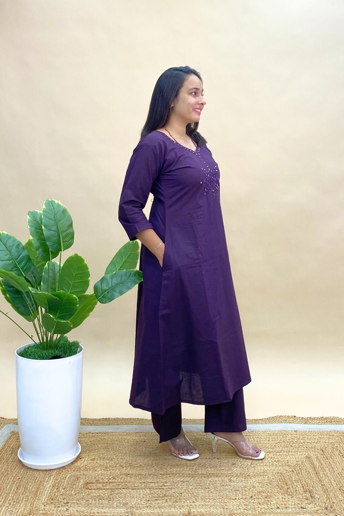 Cotton Co-ord Set with Mirror Work, Long Round Kurti & Palazzo Pants with One Side Pocket