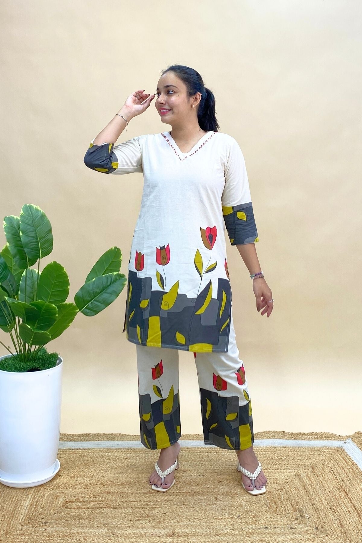 Khadi Cotton Short Co-ord Set with Printed V-Neck Top & Semi-Plazo Pants