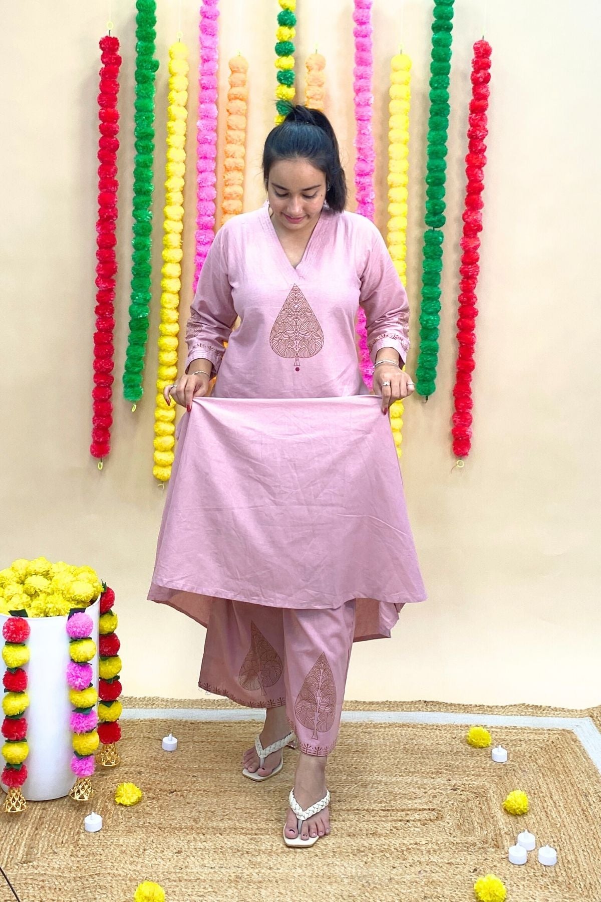 Premium Cotton Jaipuri Block Print A-Line Kurti Palazzo Co-ord Set with Pockets