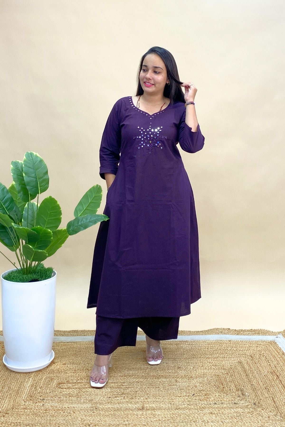 Cotton Co-ord Set with Mirror Work, Long Round Kurti & Palazzo Pants with One Side Pocket