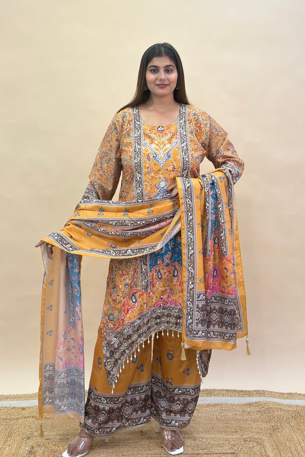 Premium Chinon Silk Asymmetric Kurta Set with Thread & Moti Work, Digital Print Palazzo & Dupatta