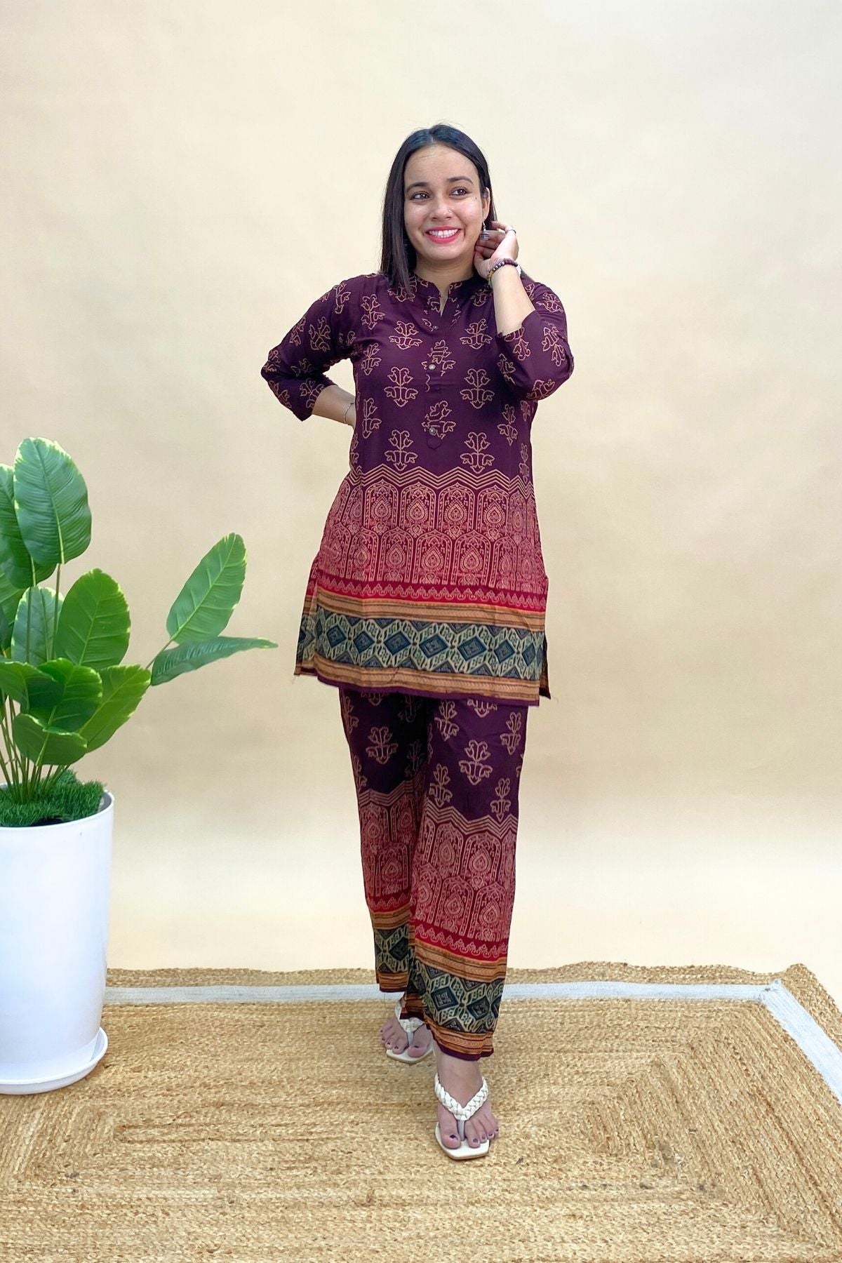Rayon Printed Co-ord Set with Short Kurti & Matching Pants – Comfortable Daily & Travel Wear
