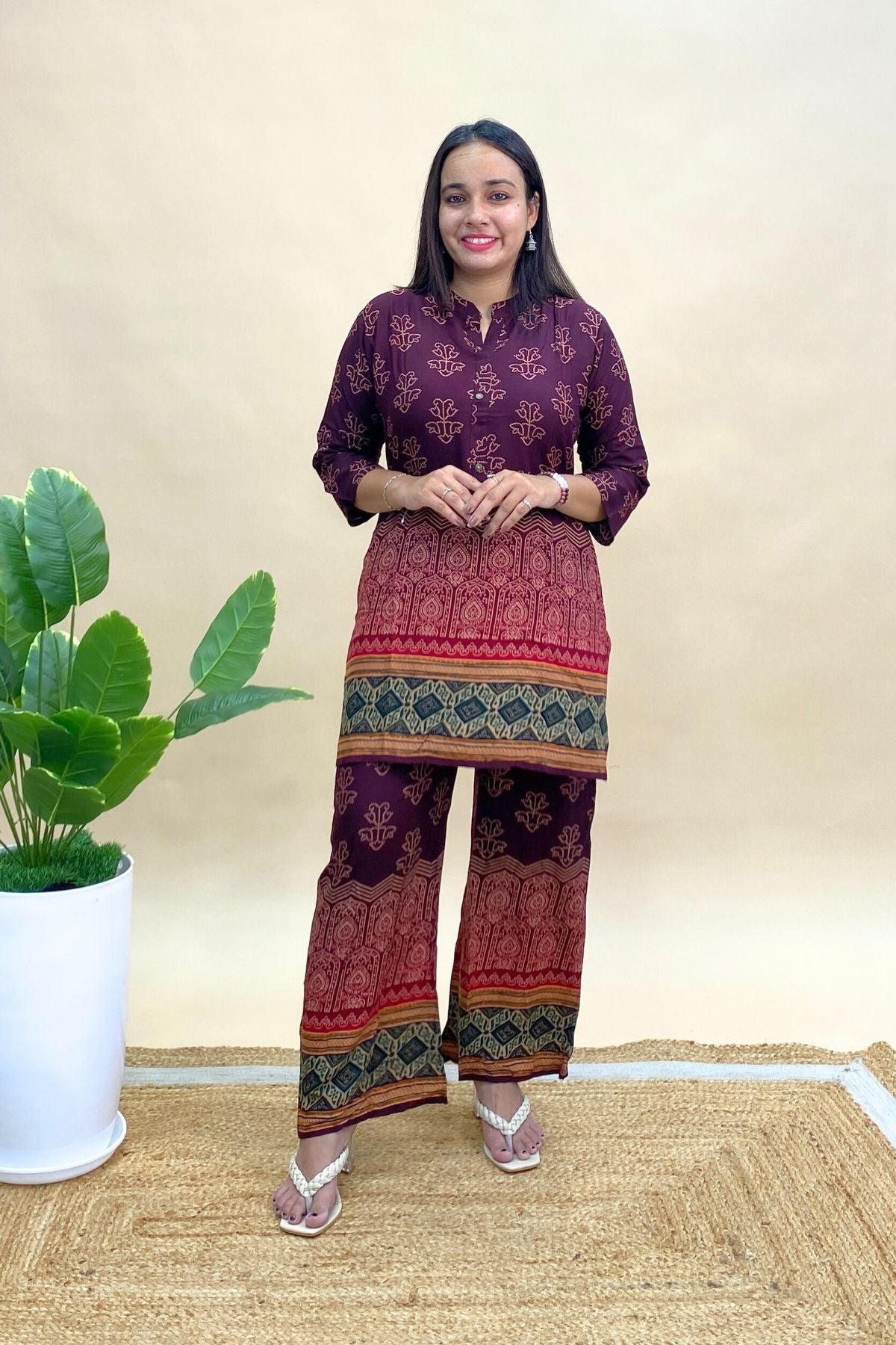 Rayon Printed Co-ord Set with Short Kurti & Matching Pants – Comfortable Daily & Travel Wear