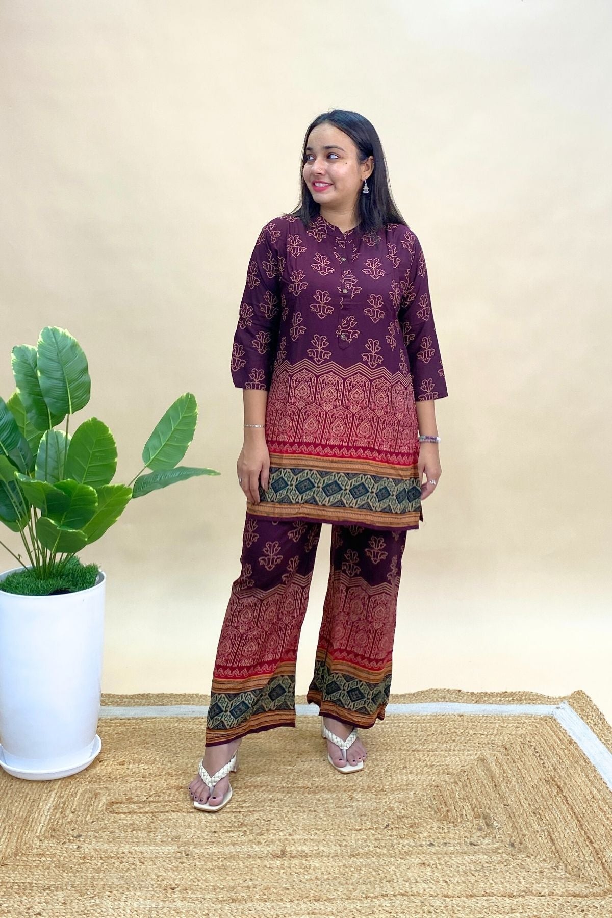 Rayon Printed Co-ord Set with Short Kurti & Matching Pants – Comfortable Daily & Travel Wear