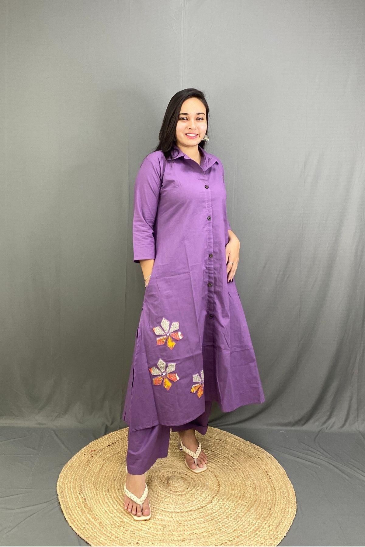 Purple Premium Cotton A-Line Kurti Plazo Co-ord Set with Side Pocket & Floral Embroidery