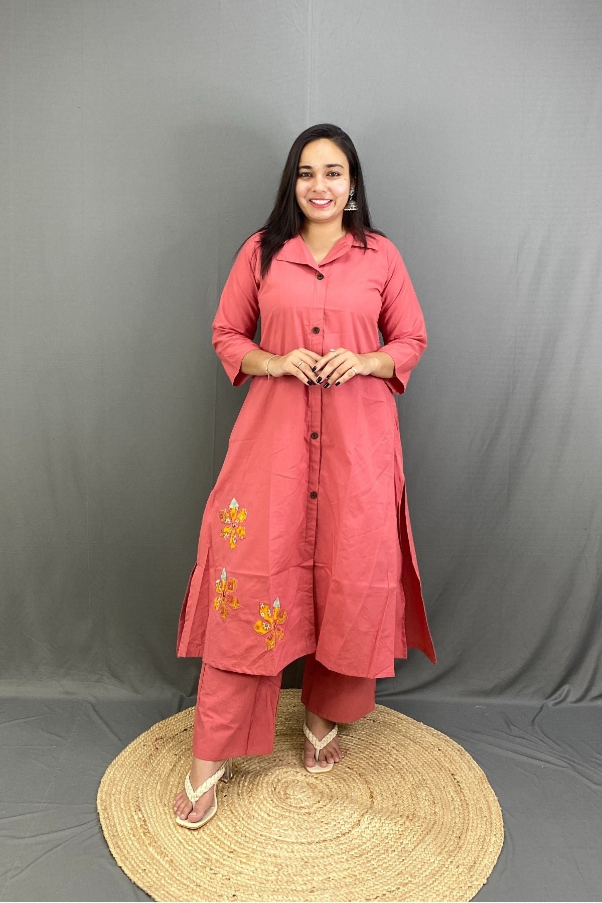 Coral Pink Premium Cotton A-Line Kurti Plazo Co-ord Set with Side Pocket & Floral Embroidery