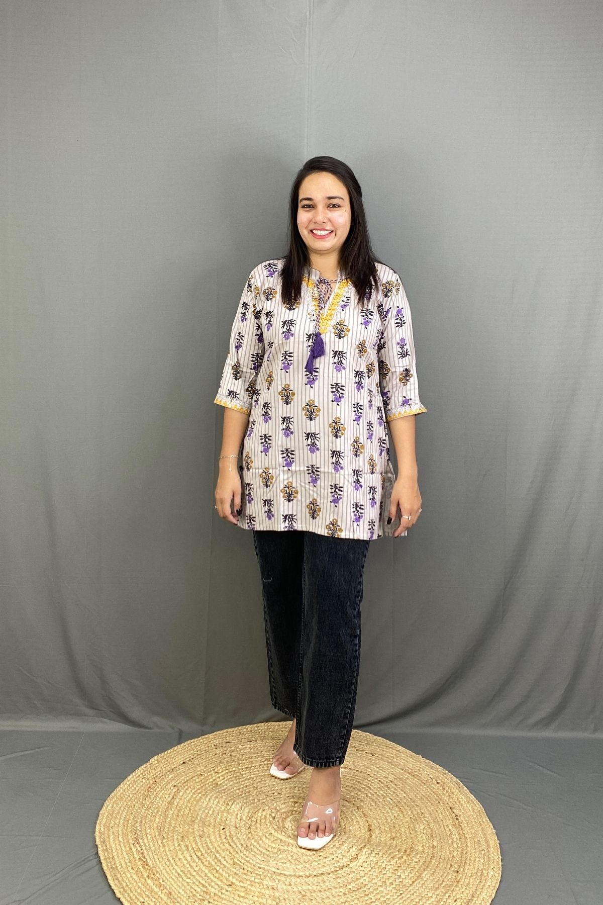 Grey Printed Premium Cotton Short Summer Kurti with Dori Neck