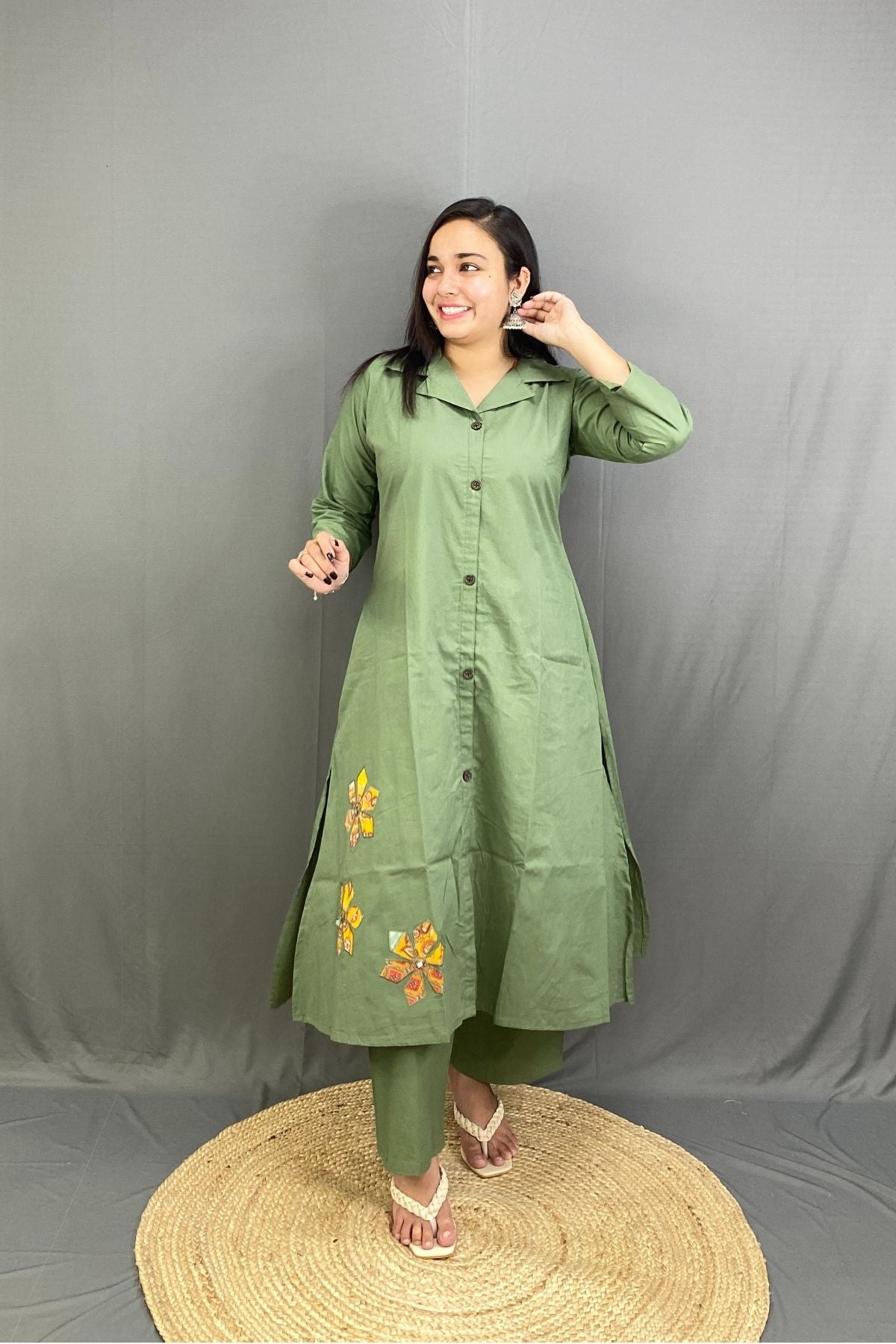 Pistachio Green Premium Cotton A-Line Kurti Plazo Co-ord Set with Side Pocket & Floral Embroidery