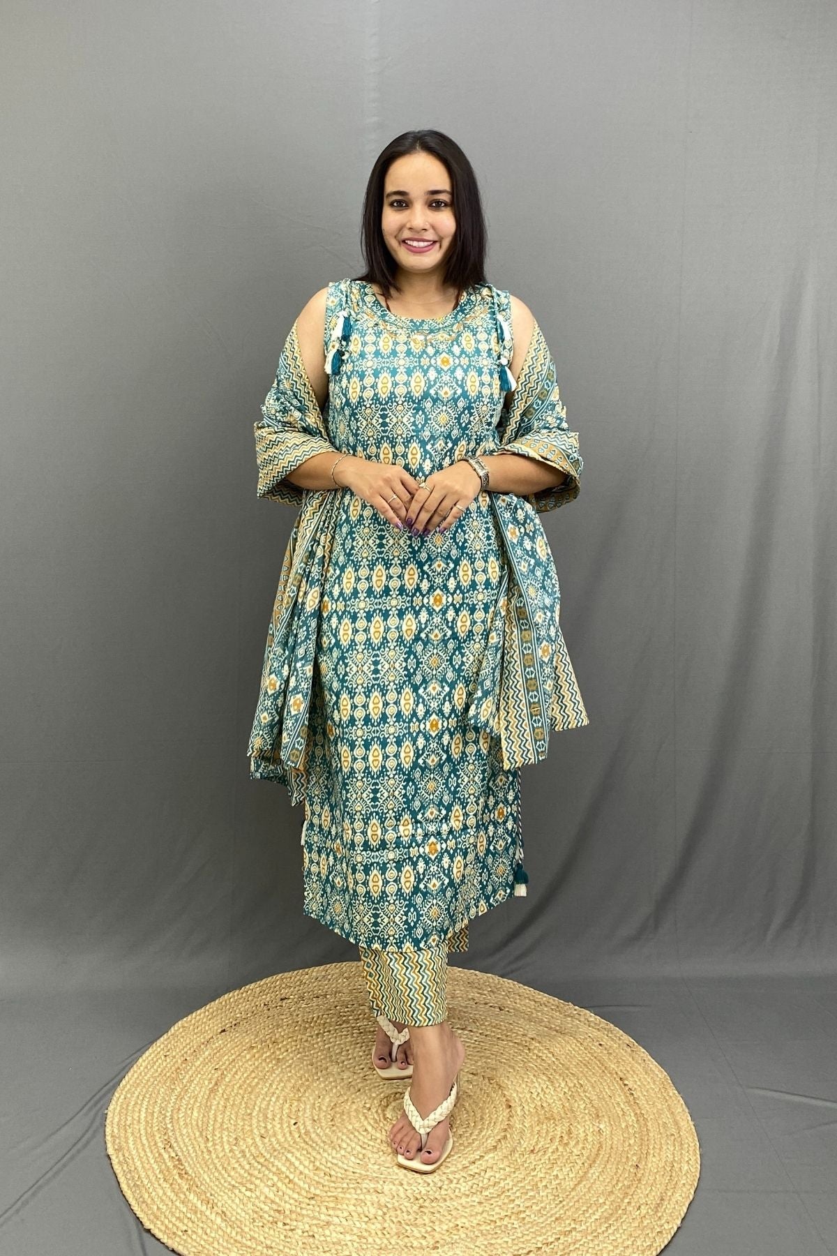 Cotton Kurti Pant Dupatta Set with Shoulder & Side Dori, Latkans, Sleeveless with Extra Sleeves