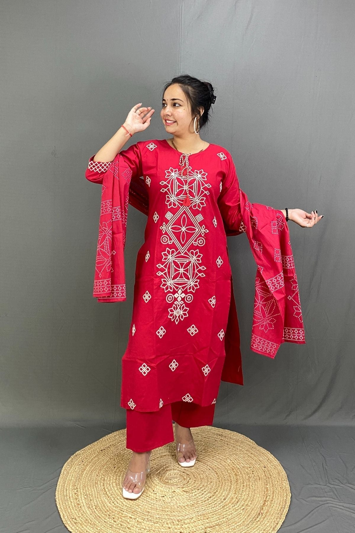 Premium Cotton Red Kurti Pant Dupatta Set with White Embroidery, Elegant Ethnic Wear
