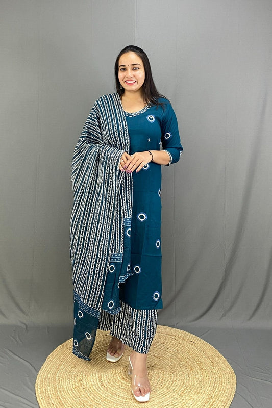 Pure Cotton Royal Blue Kurti Palazzo Set with Dupatta