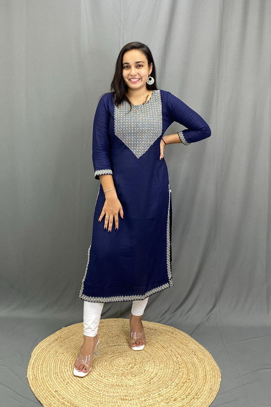 Rayon Kurti with Silver Zari Neck Work, Elegant Everyday Wear for Work