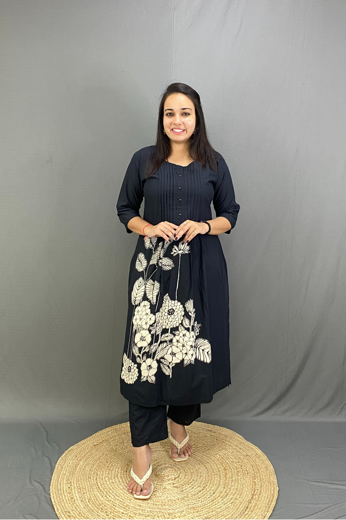 Pure Cotton Pleated A-Line Kurta Set with Hand-Embellished Floral Digital Print