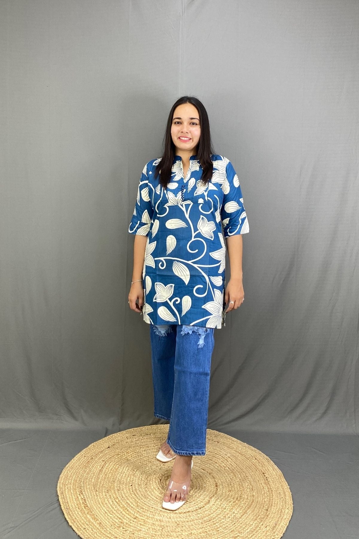 Sky Blue Short Cotton Kurti with White Floral Print