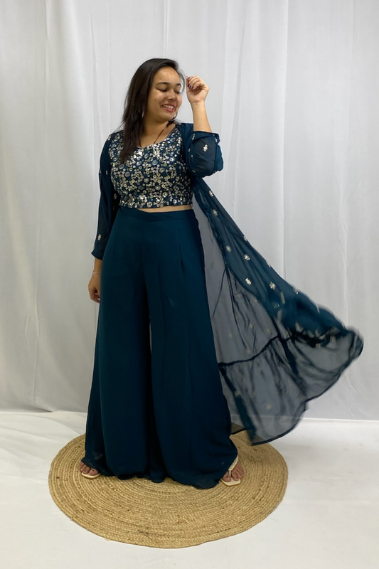 Stylish Georgette Crop Top & Plazo Set with Intricate Detailing & Chic Shrug