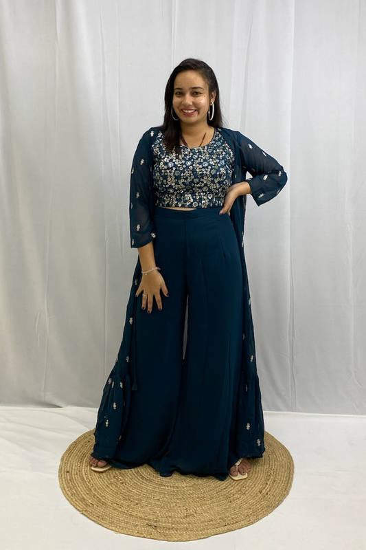 Stylish Georgette Crop Top & Plazo Set with Intricate Detailing & Chic Shrug