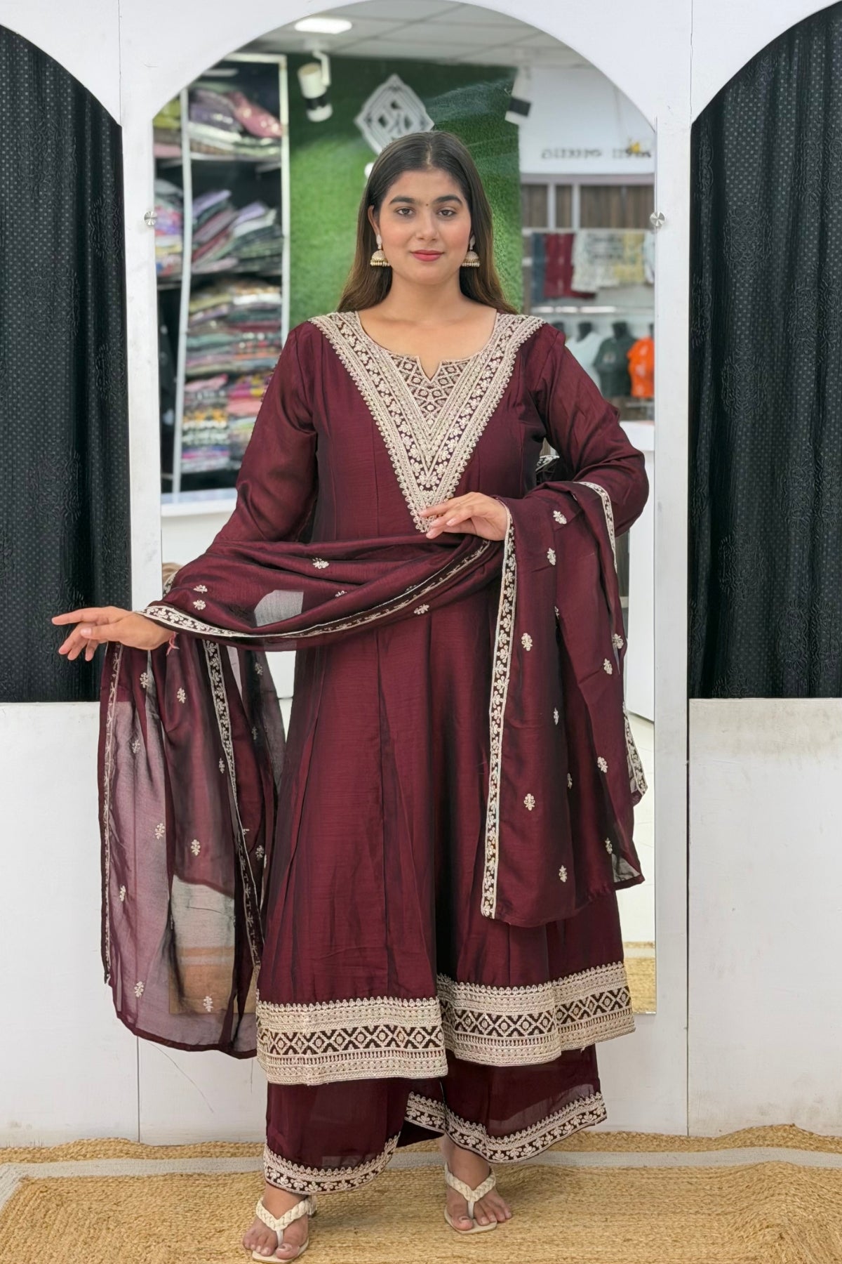 Roman Silk Ghera Anarkali Palazzo Set with Zari Embroidery & Embroidered Dupatta