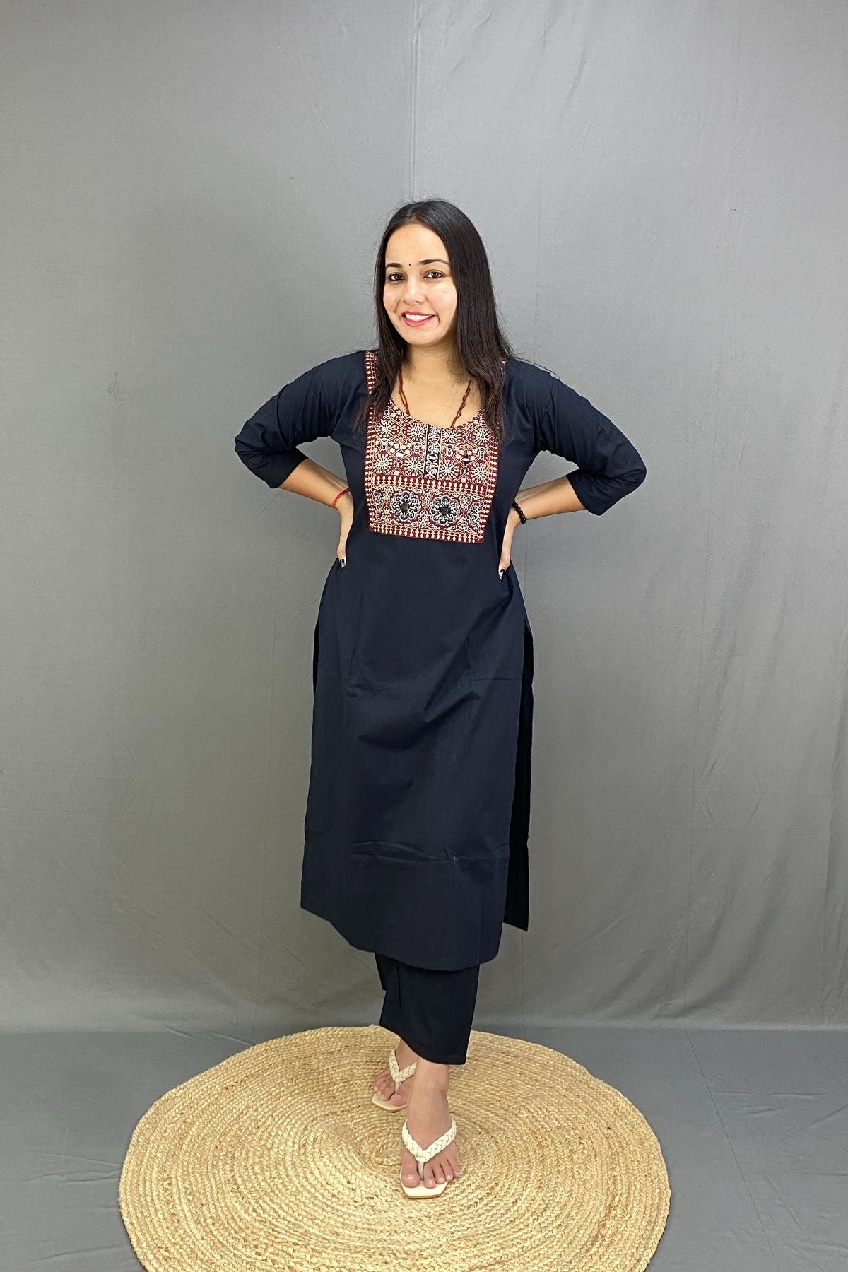Black Pure Cotton Kurti Pant Set with Gamthi Style Neck Work & Mulmul Cotton Dupatta