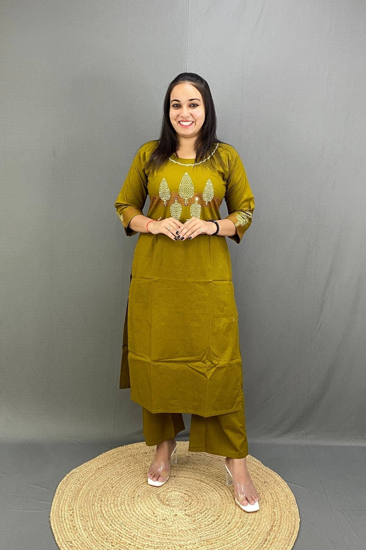 Mustard Yellow Pure Cotton Co-ord Set with front Embroidery and Block Print