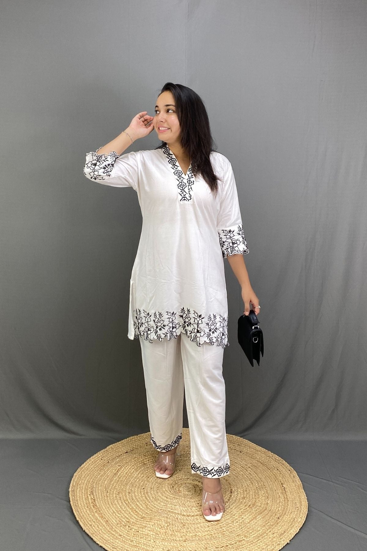 Soft Rayon Embroidered Co-ord Set with V-Neck Printed Ethnic Wear
