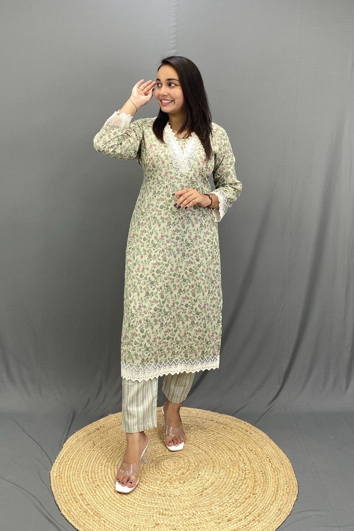 Cotton Kurti Pant Dupatta Set with Croatian Lace Work, Elegant V-Neck Ethnic Ensemble