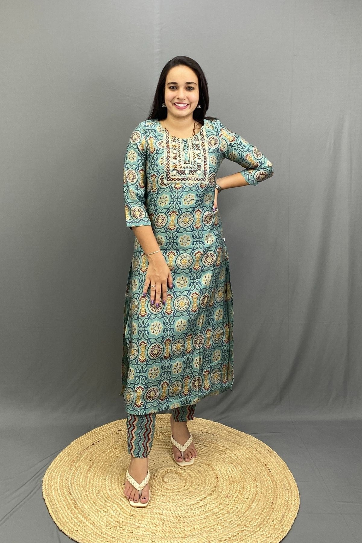 Art Silk Style Printed Kurti Pant Dupatta Set, Elegant All-Over Pattern with Soft Glossy Finish