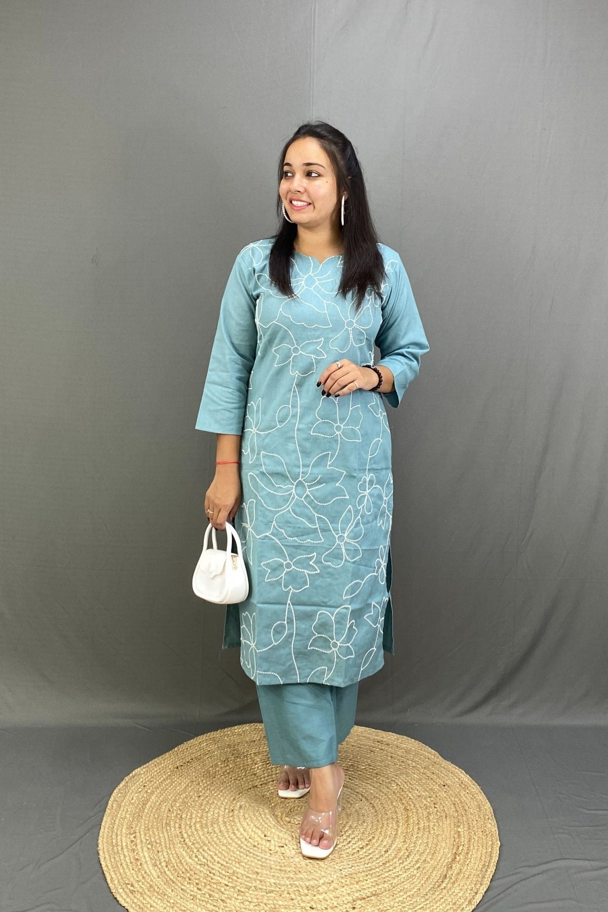 Sky Blue Cotton Dress with Mulmul Dupatta and White Hand Embroidery