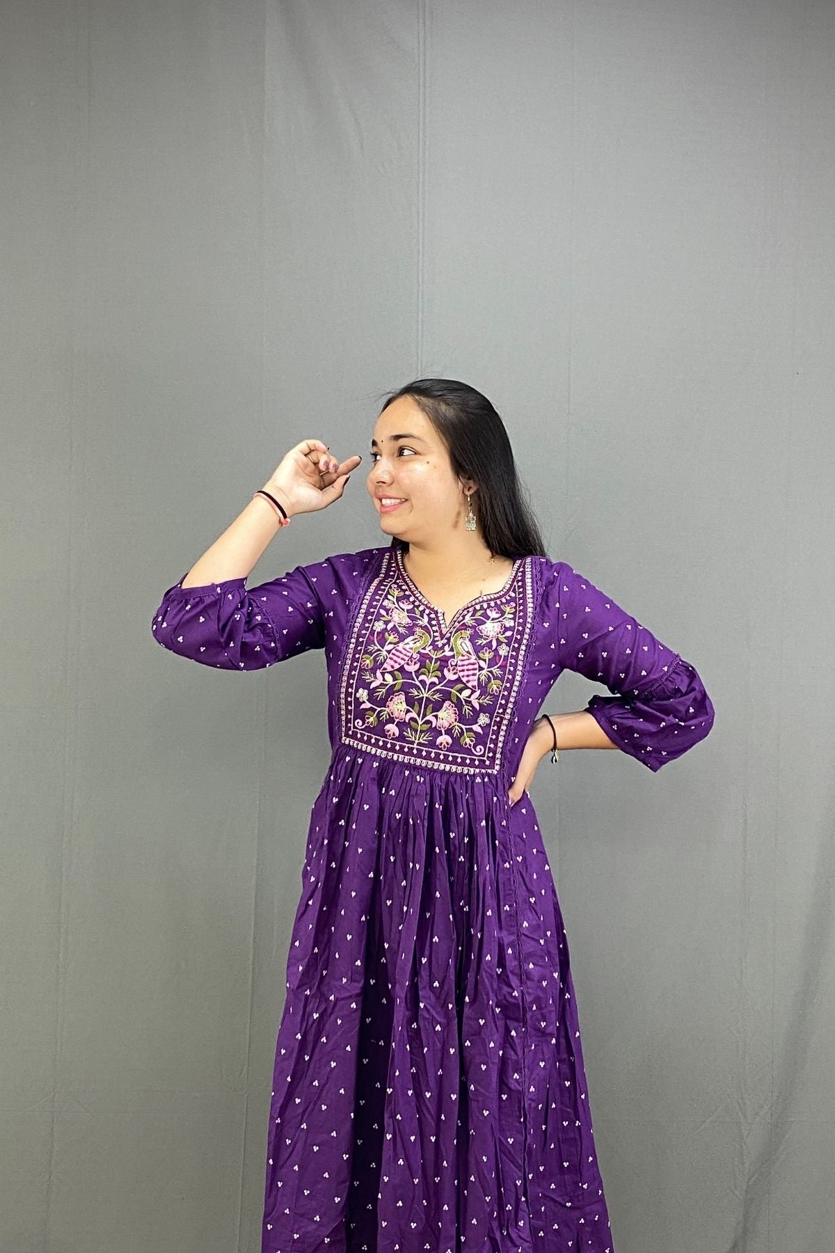 Purple Ghera Kurti Pant Set with Multicolor Peacock Embroidery & Mulmul Cotton Dupatta