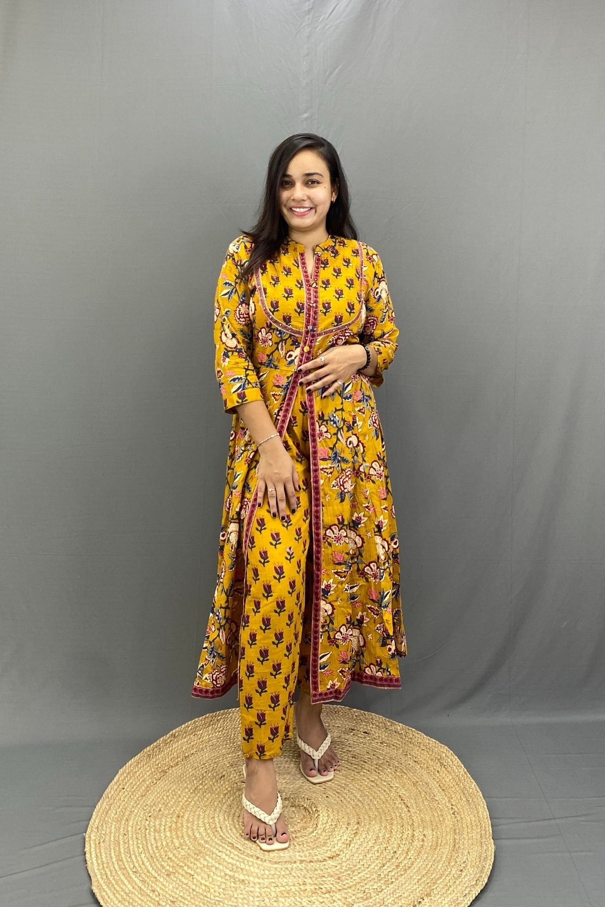 Floral Anarkali Kurti Set with Middle Cut and Mulmul Cotton Dupatta