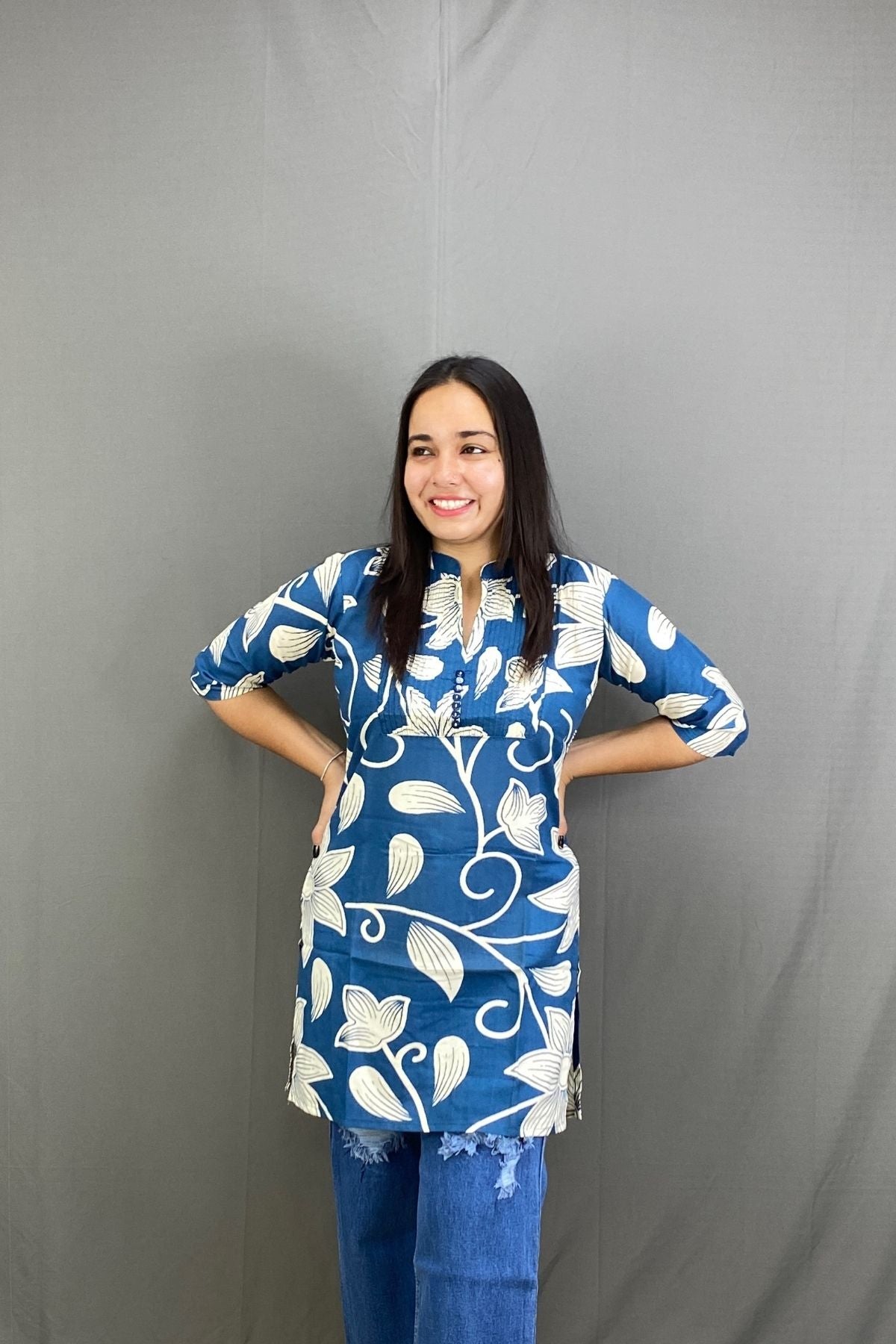 Sky Blue Short Cotton Kurti with White Floral Print