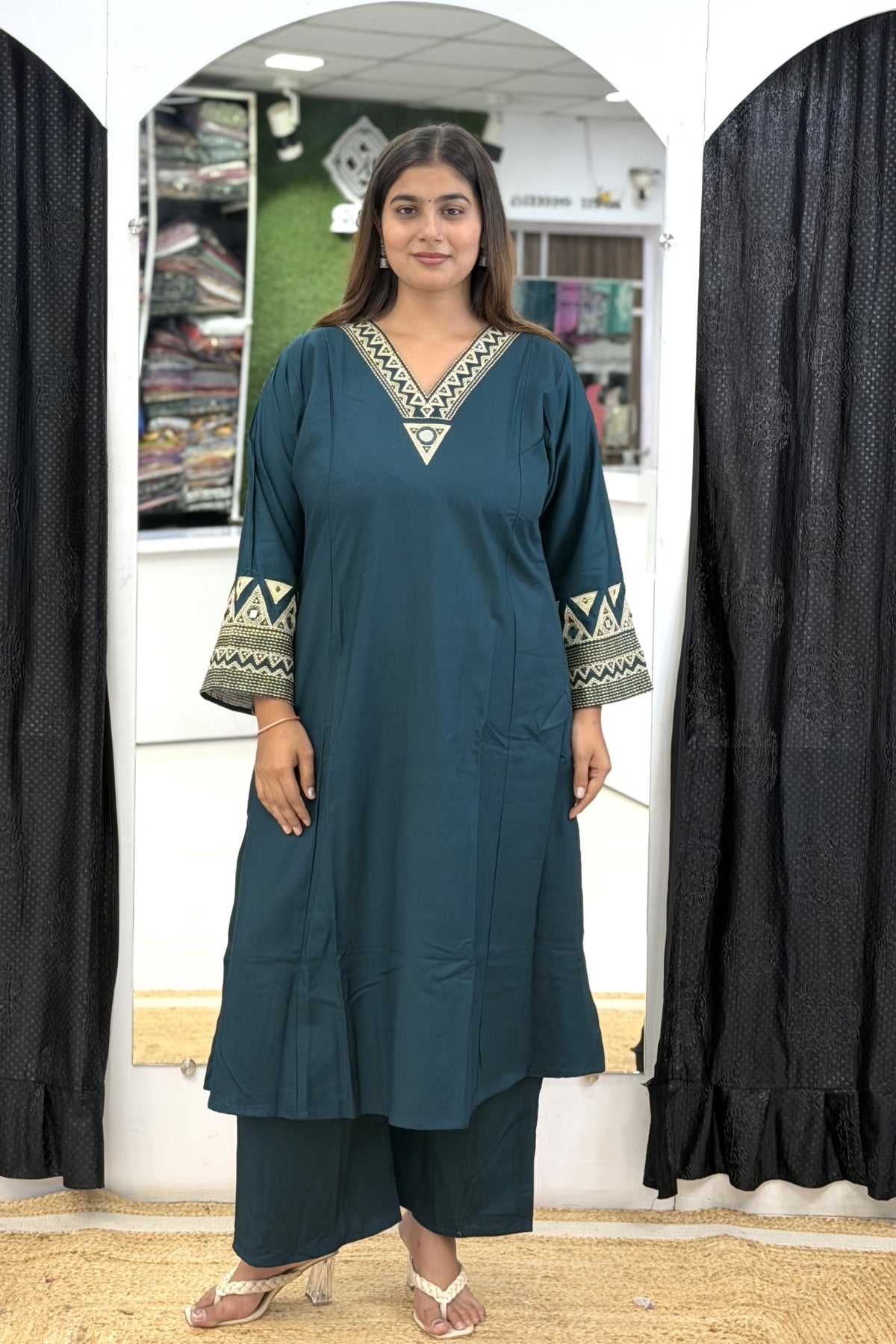 Suvi Slub Cotton A-Line Kurta Set with Geometric Embroidery & Wide Pants