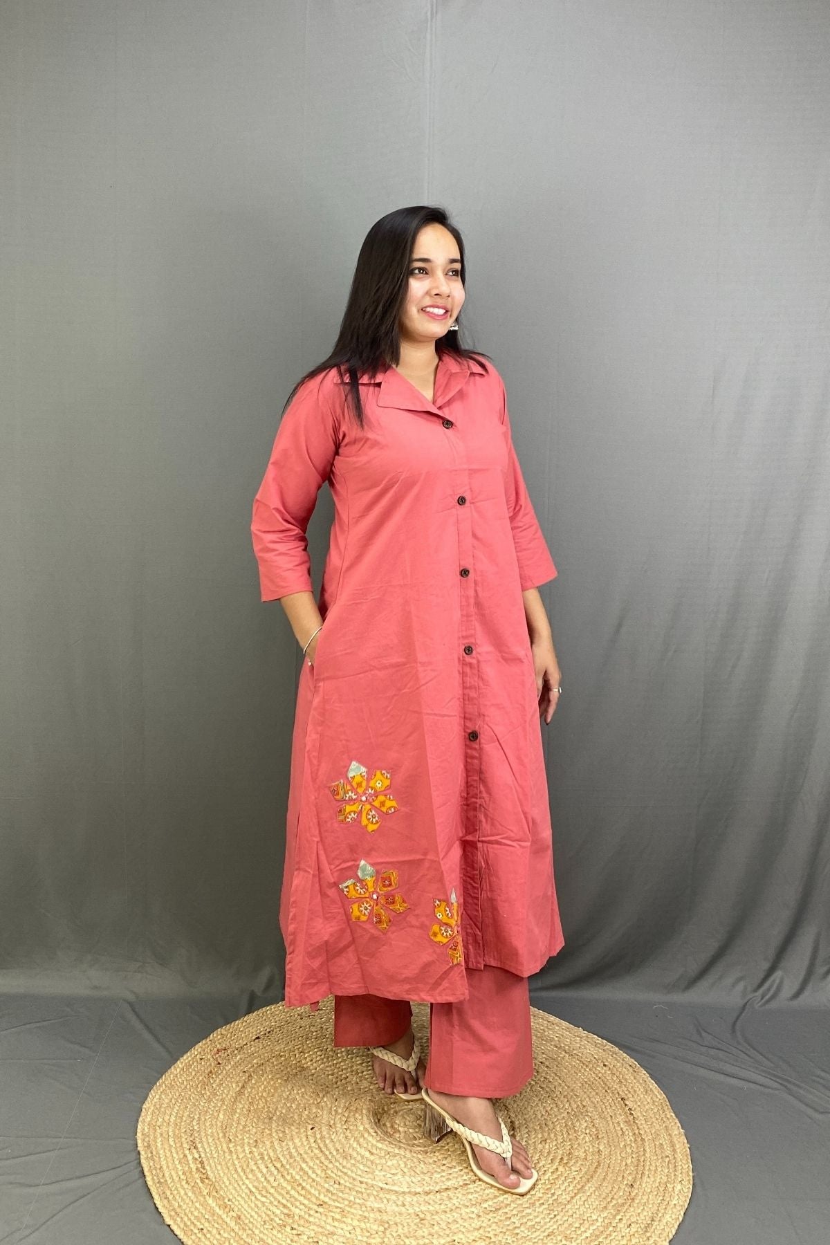 Coral Pink Premium Cotton A-Line Kurti Plazo Co-ord Set with Side Pocket & Floral Embroidery