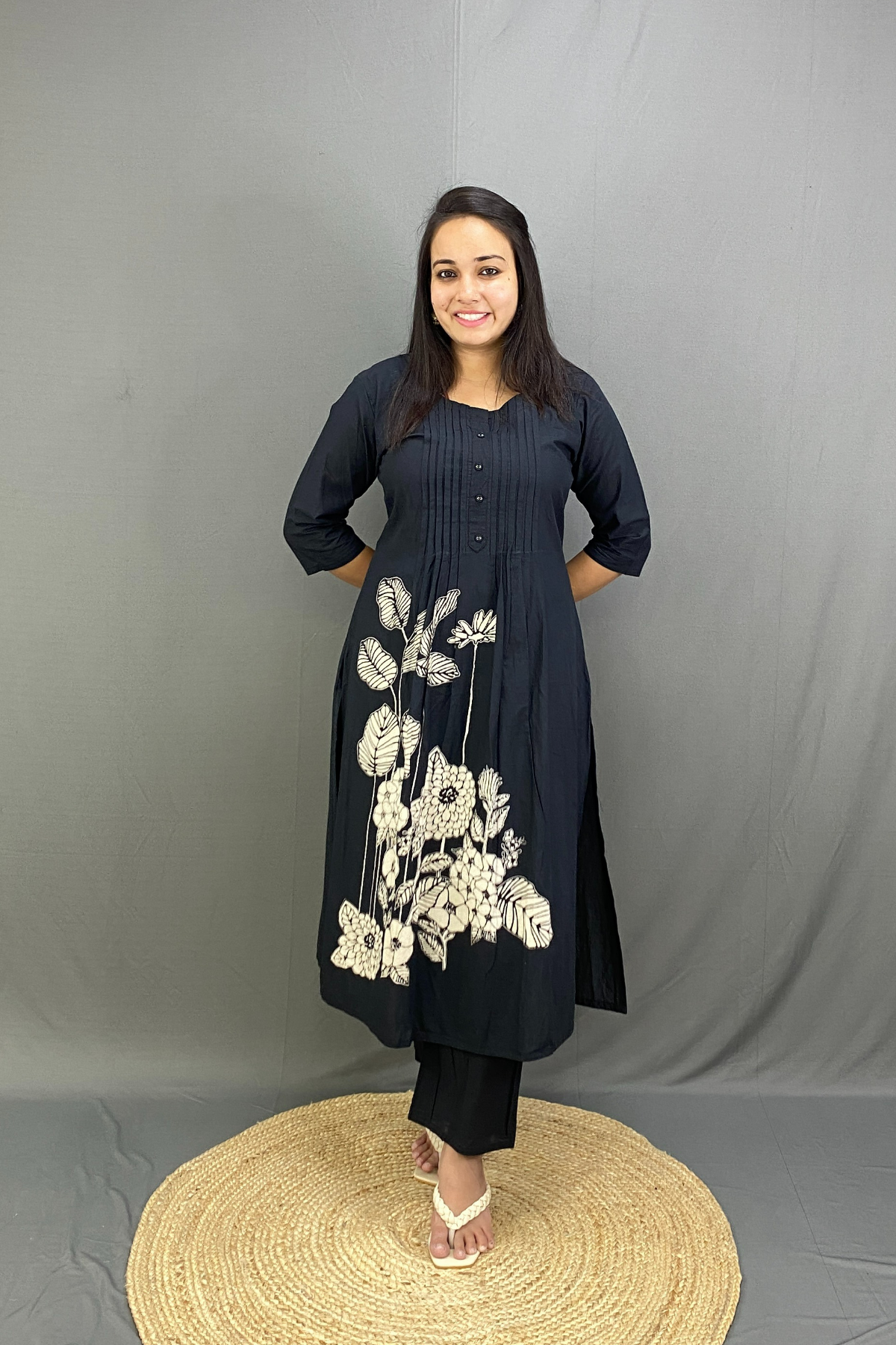Pure Cotton Pleated A-Line Kurta Set with Hand-Embellished Floral Digital Print