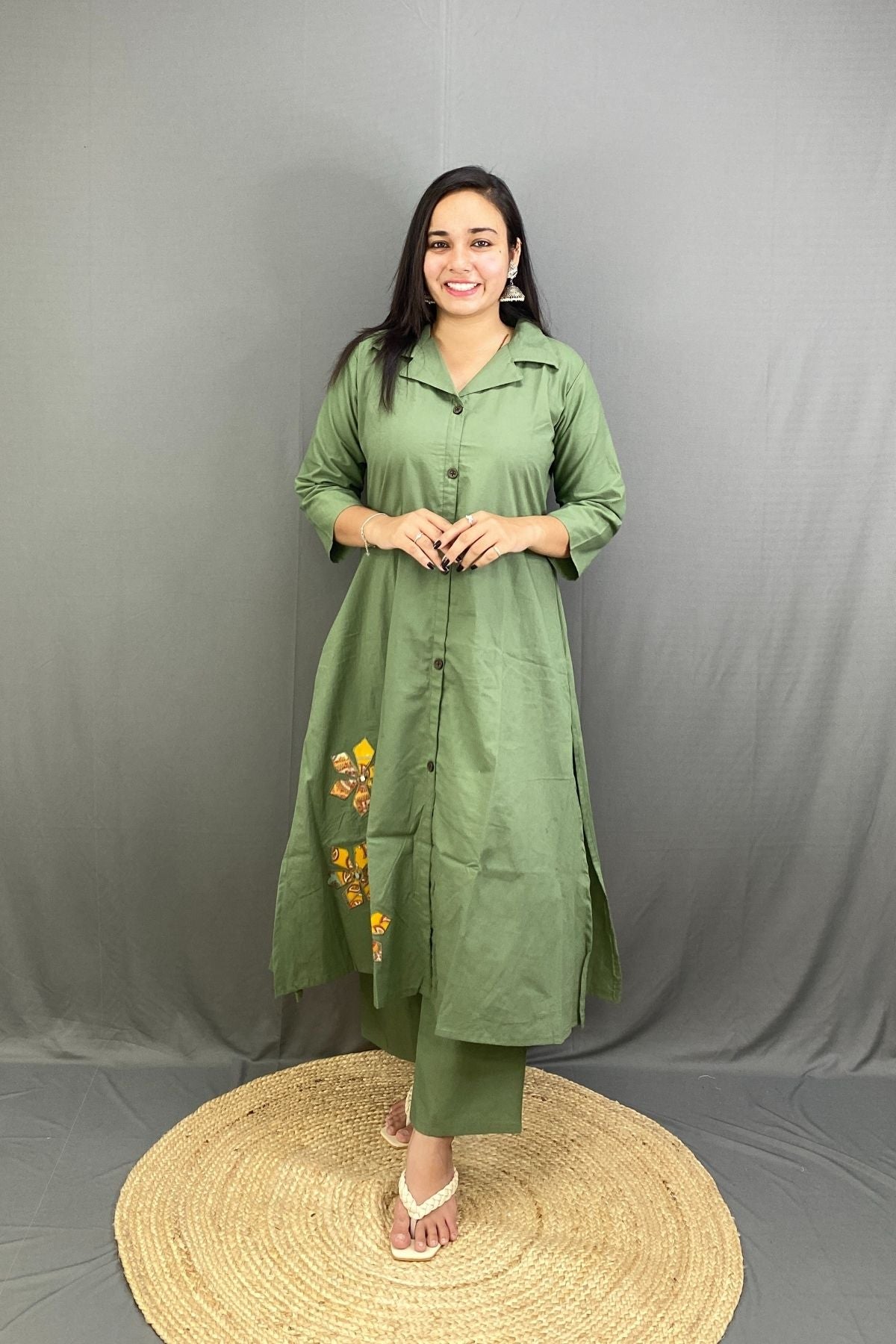 Pistachio Green Premium Cotton A-Line Kurti Plazo Co-ord Set with Side Pocket & Floral Embroidery