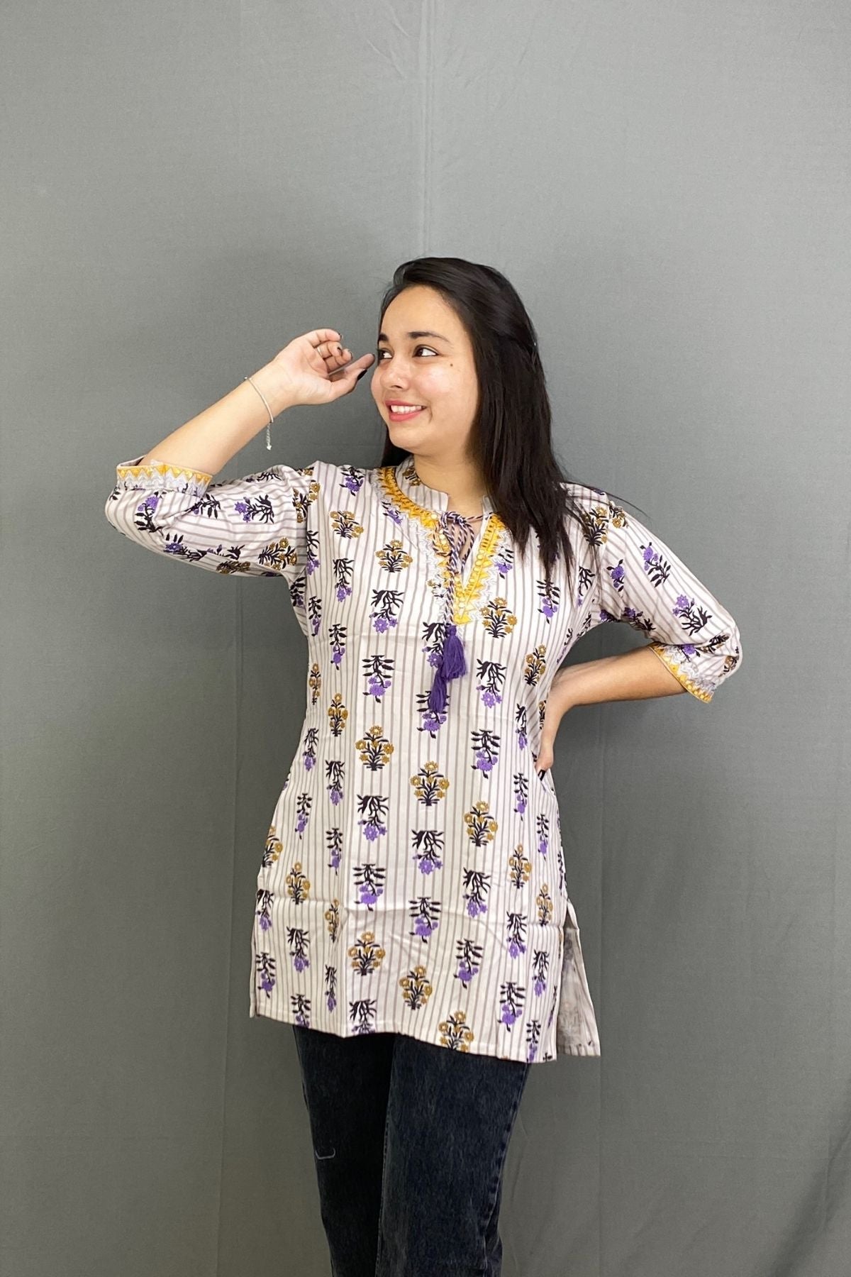 Grey Printed Premium Cotton Short Summer Kurti with Dori Neck
