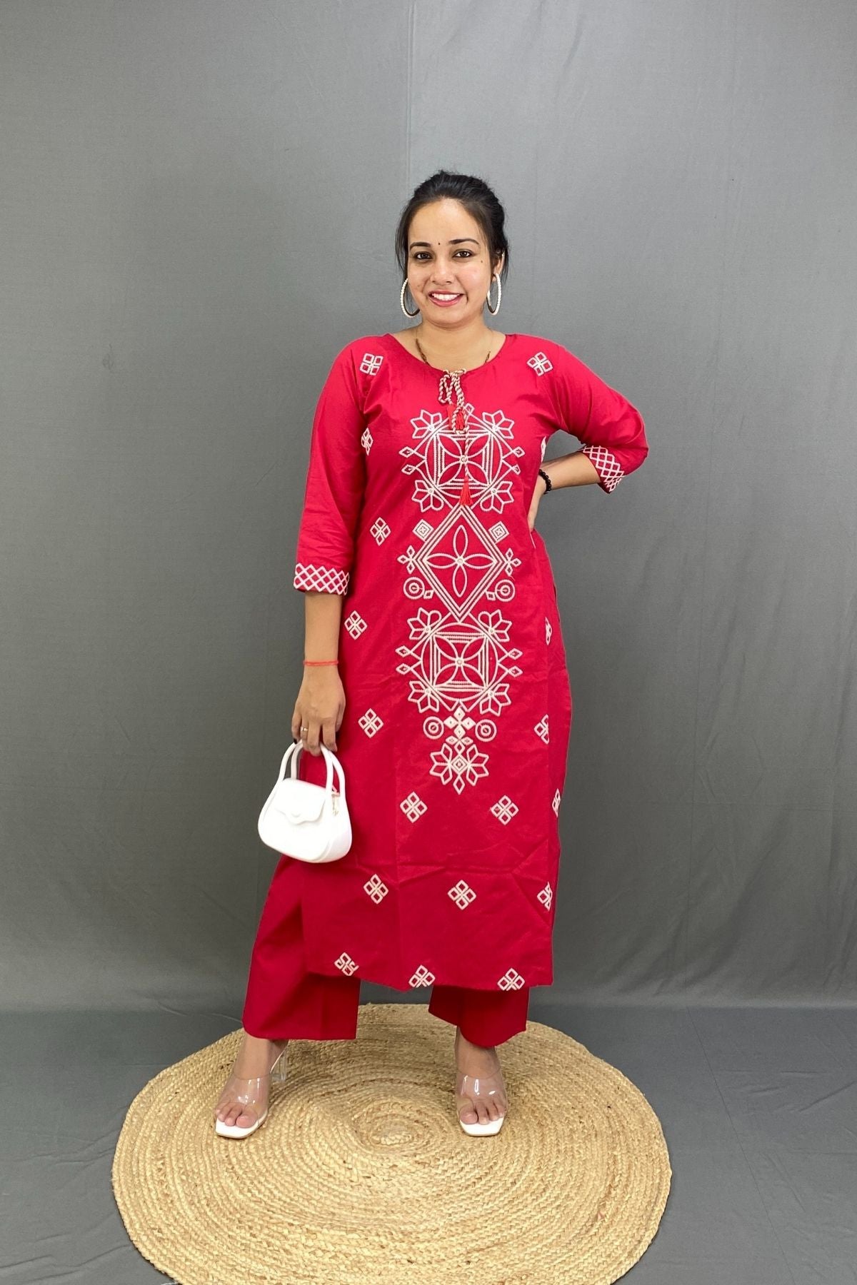 Premium Cotton Red Kurti Pant Dupatta Set with White Embroidery, Elegant Ethnic Wear