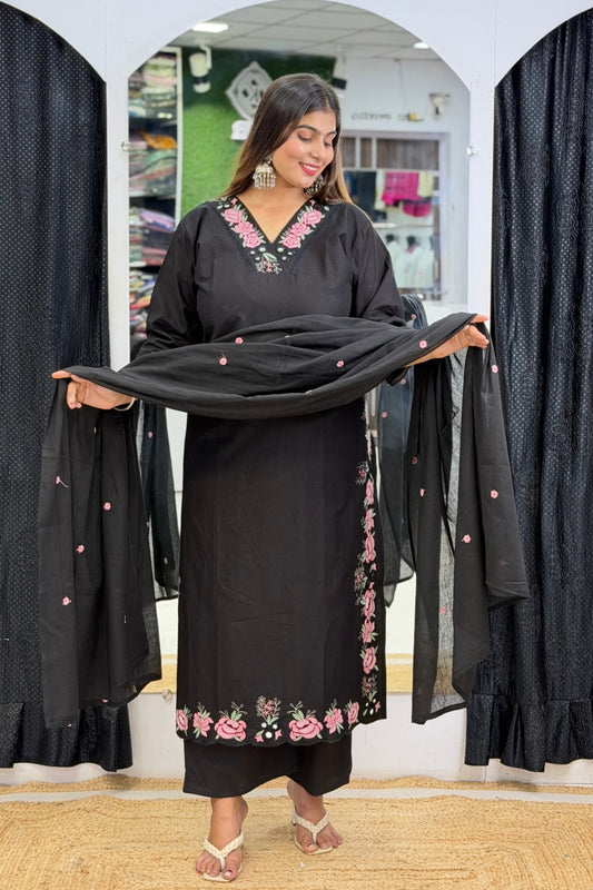 Pure Cotton V-Neck Kurta Palazzo Dupatta Set with Floral Thread Embroidery