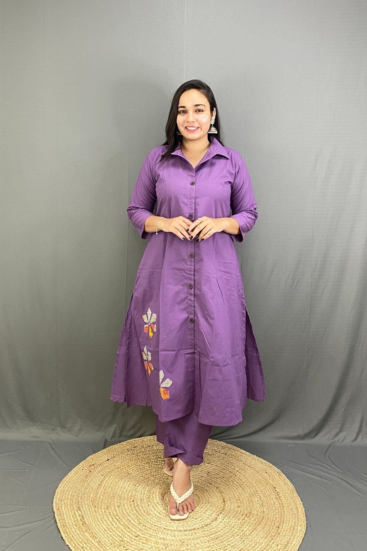 Purple Premium Cotton A-Line Kurti Plazo Co-ord Set with Side Pocket & Floral Embroidery