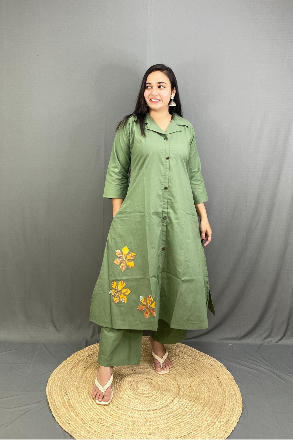 Pistachio Green Premium Cotton A-Line Kurti Plazo Co-ord Set with Side Pocket & Floral Embroidery