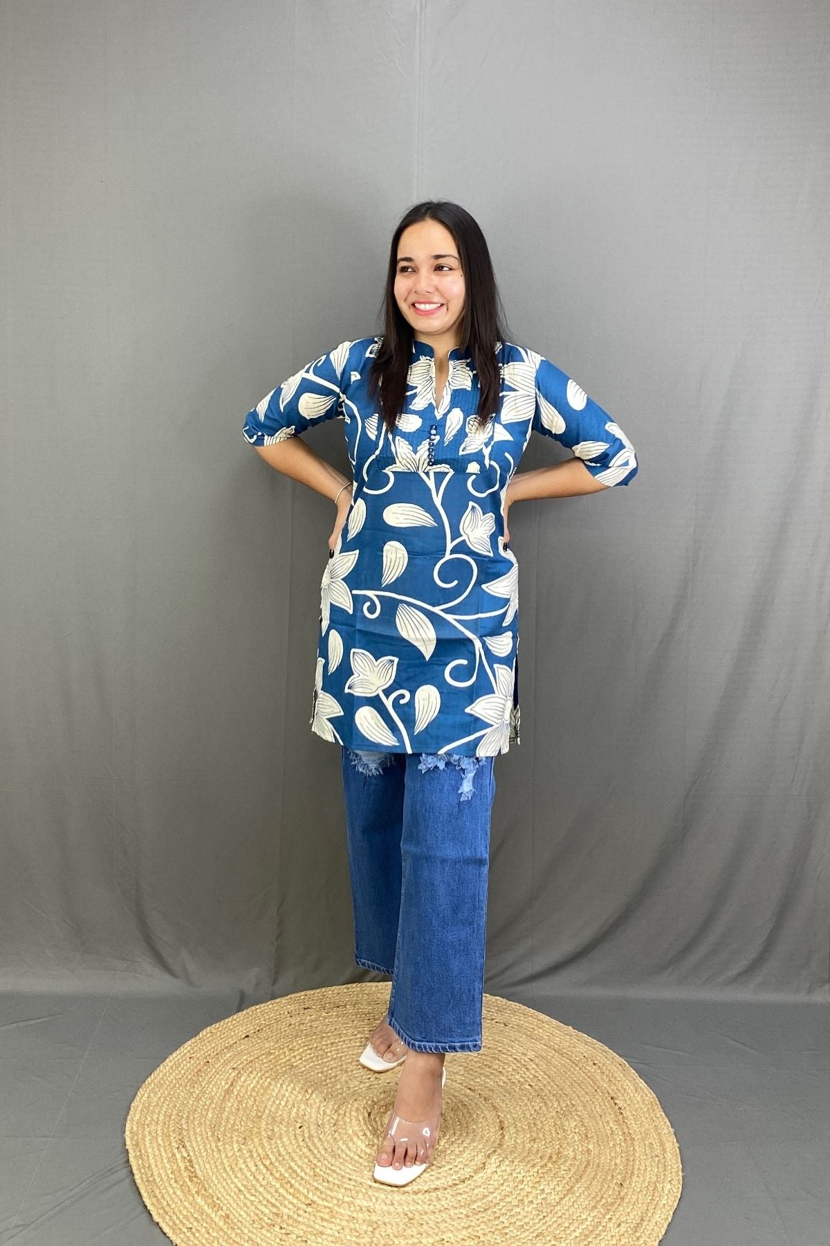 Sky Blue Short Cotton Kurti with White Floral Print