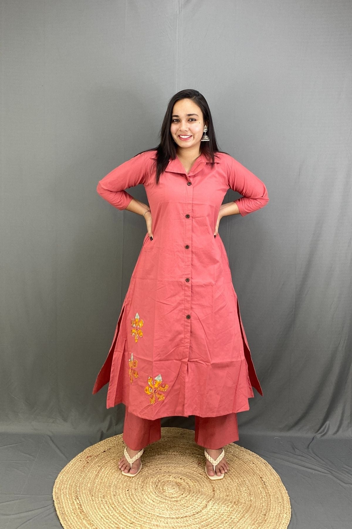 Coral Pink Premium Cotton A-Line Kurti Plazo Co-ord Set with Side Pocket & Floral Embroidery