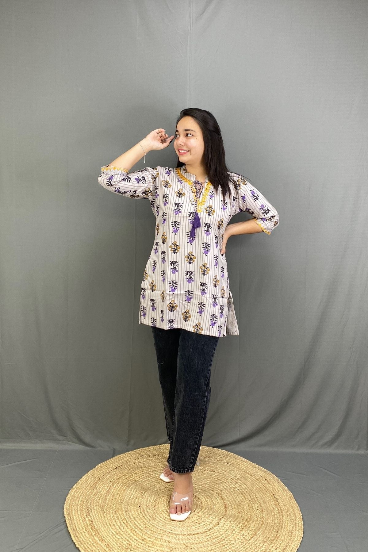 Grey Printed Premium Cotton Short Summer Kurti with Dori Neck