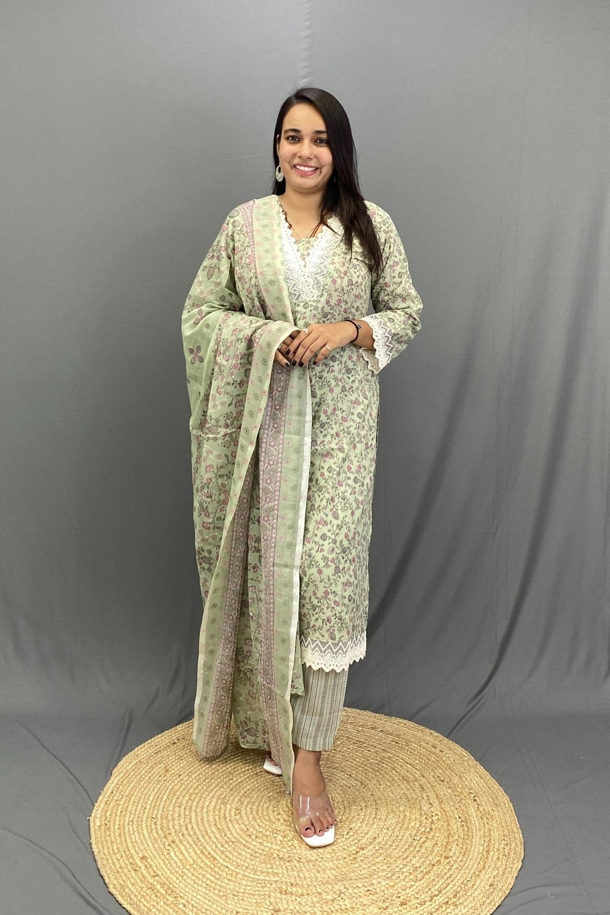 Cotton Kurti Pant Dupatta Set with Croatian Lace Work, Elegant V-Neck Ethnic Ensemble